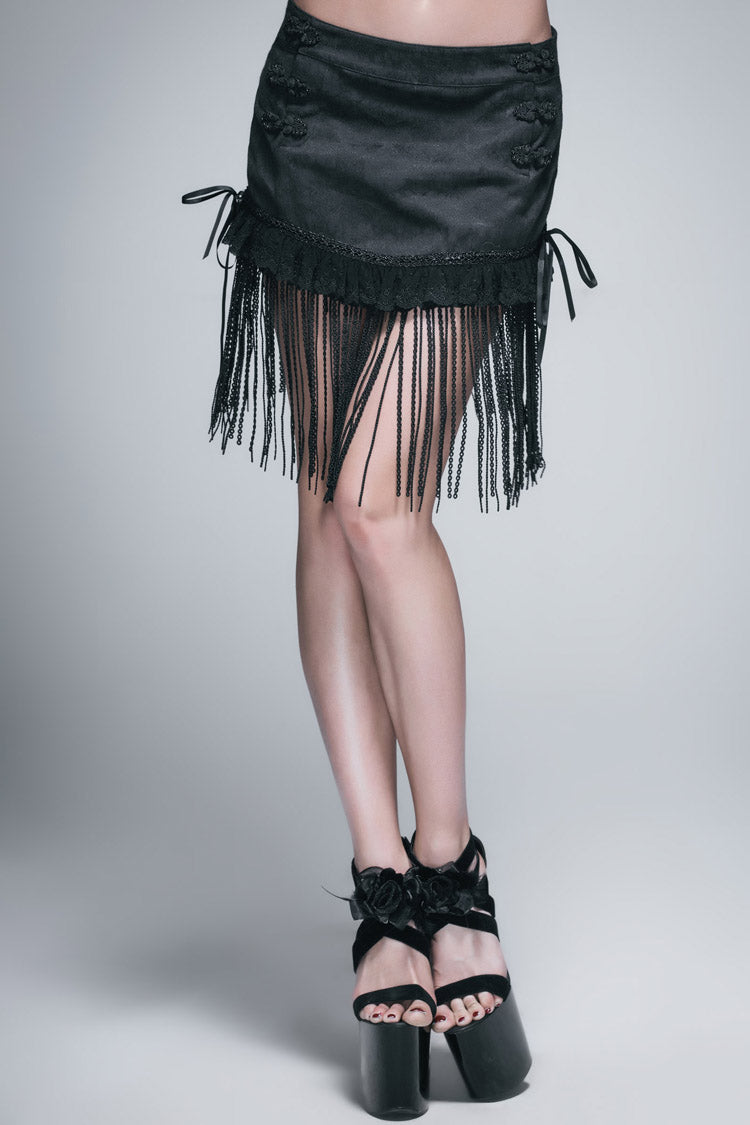Women's Gothic Short Skirt with Lace Tassel Hem and Back Waist Lace Up in Black Jacquard