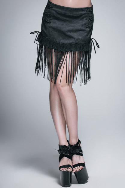 Women's Gothic Short Skirt with Lace Tassel Hem and Back Waist Lace Up in Black Jacquard