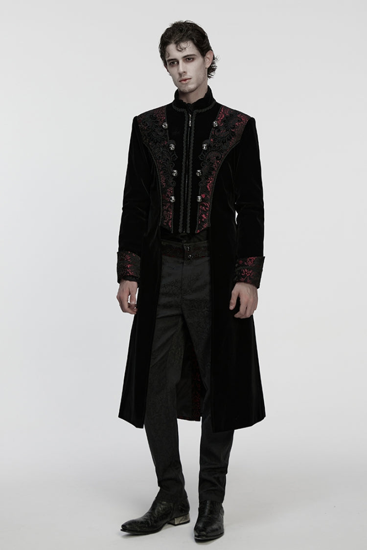 Crimson & Obsidian Stand Collar Long Sleeves Floral Jacquard Double-Breasted Zipper Gothic Coat