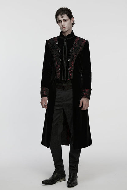 Crimson & Obsidian Stand Collar Long Sleeves Floral Jacquard Double-Breasted Zipper Gothic Coat