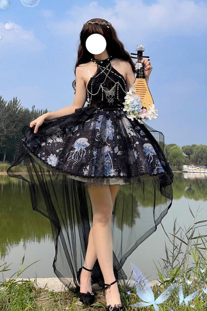 Azure Deep Sea Jellyfish Halter Sleeveless Print Embroidery Bow Lace Elegant Lolita Jumper Dress