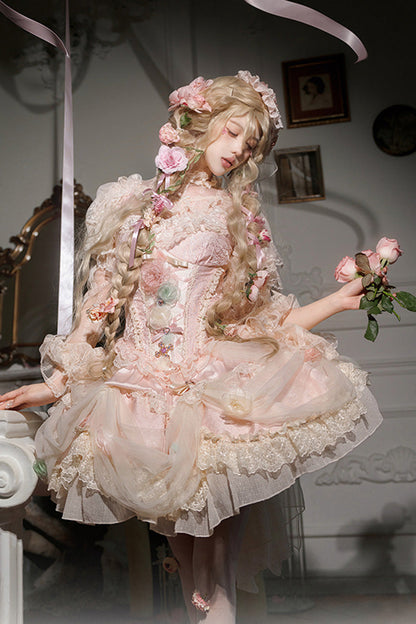 Blush Ruffled Embroidered Bow Lace Fishbone Princess JSK