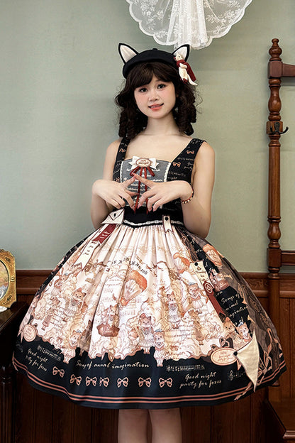 Ebony Printed Square-Collar Bow Classic Jumper Dress - Fox Band