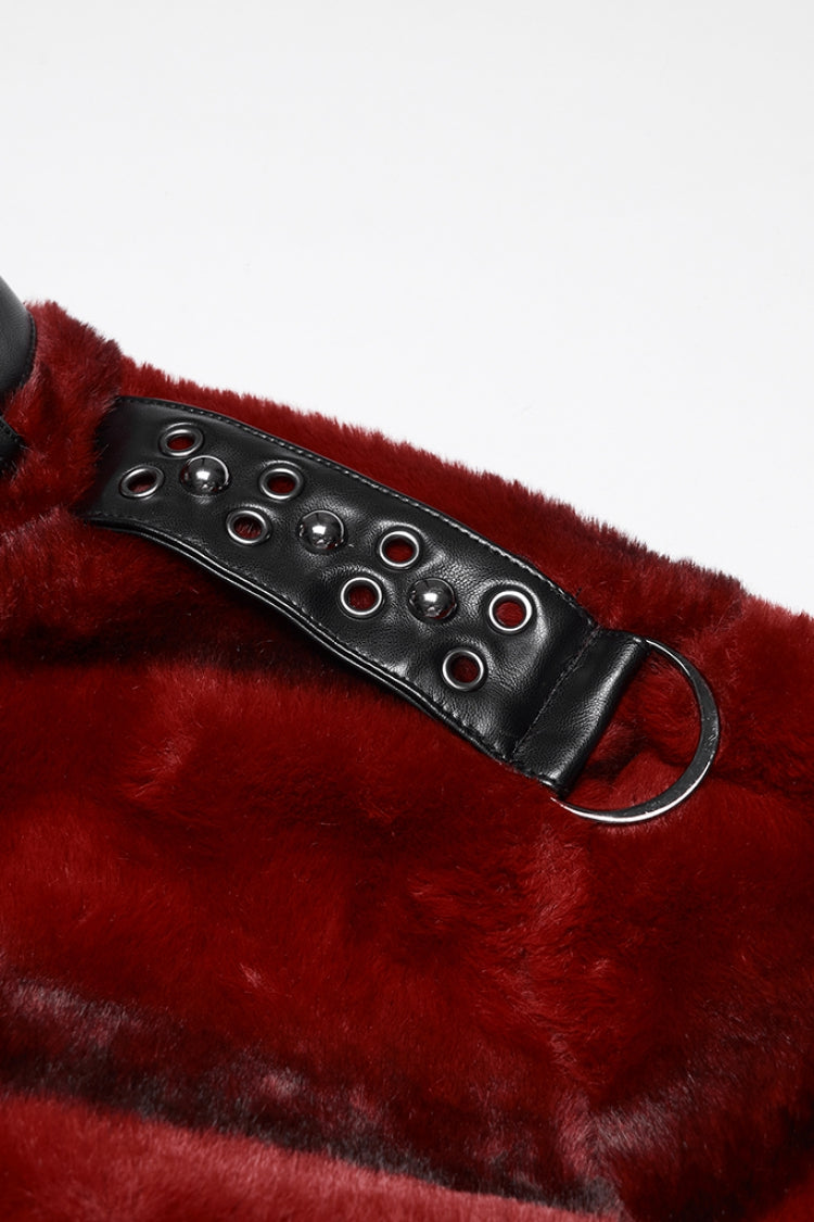 Crimson High-Neck Punk Faux Fur Short Cape with Buckle Straps