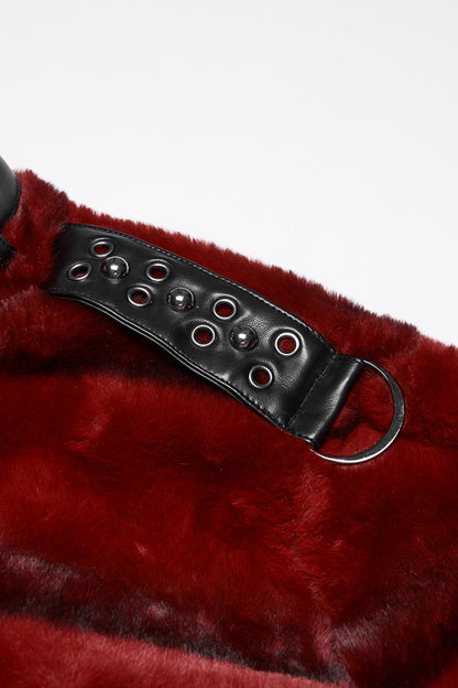 Crimson High-Neck Punk Faux Fur Short Cape with Buckle Straps