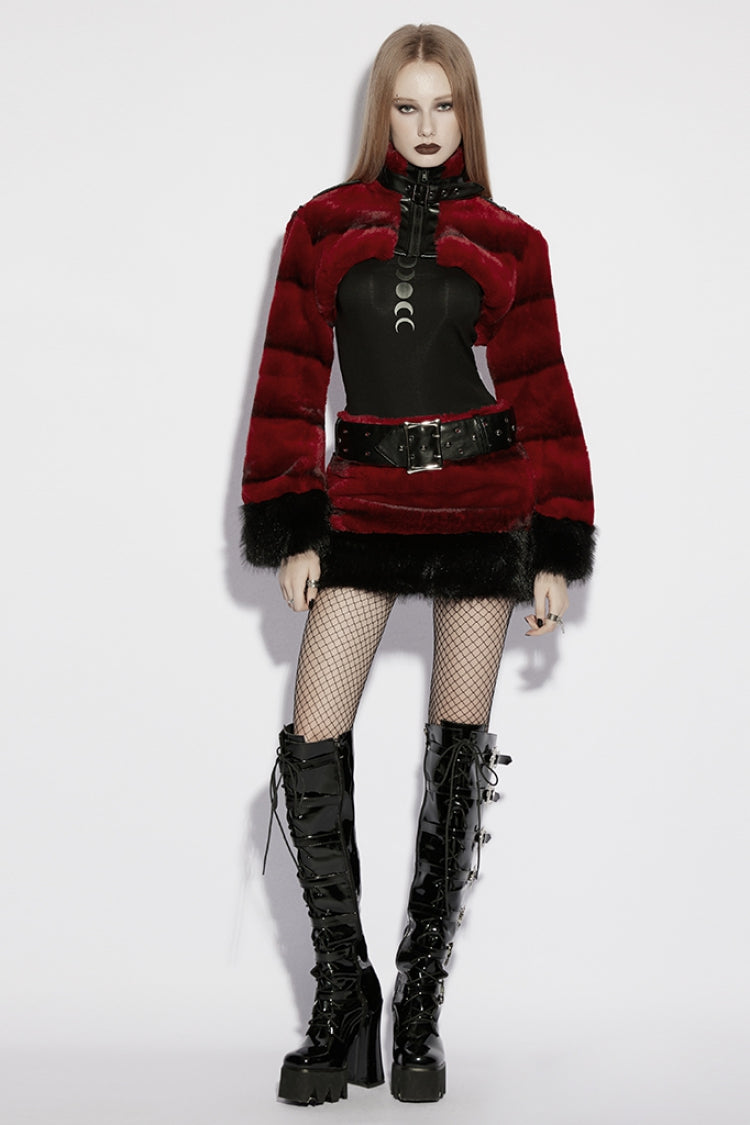 Crimson High-Neck Punk Faux Fur Short Cape with Buckle Straps
