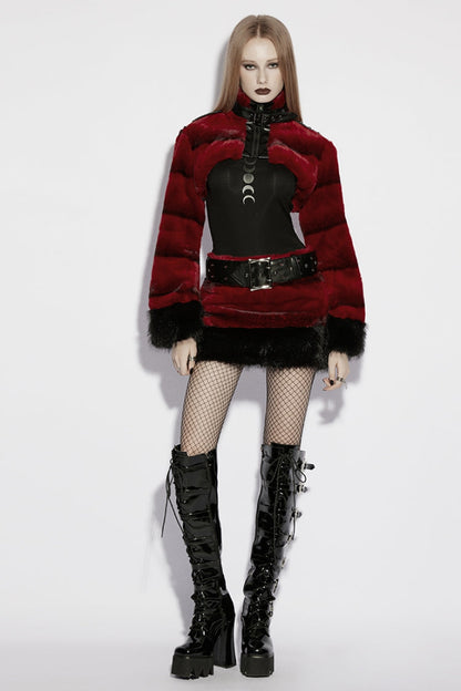 Crimson High-Neck Punk Faux Fur Short Cape with Buckle Straps