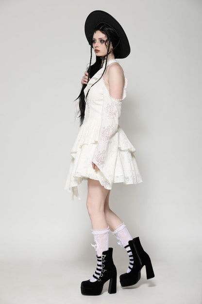 Steampunk Women's Dress with Halter Off-Shoulder Lapel Collar & Flare Sleeves, Cream