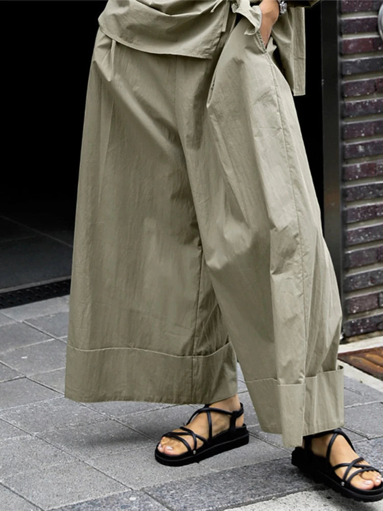 Elastic Organic Wide-Leg Waist Khaki Pants