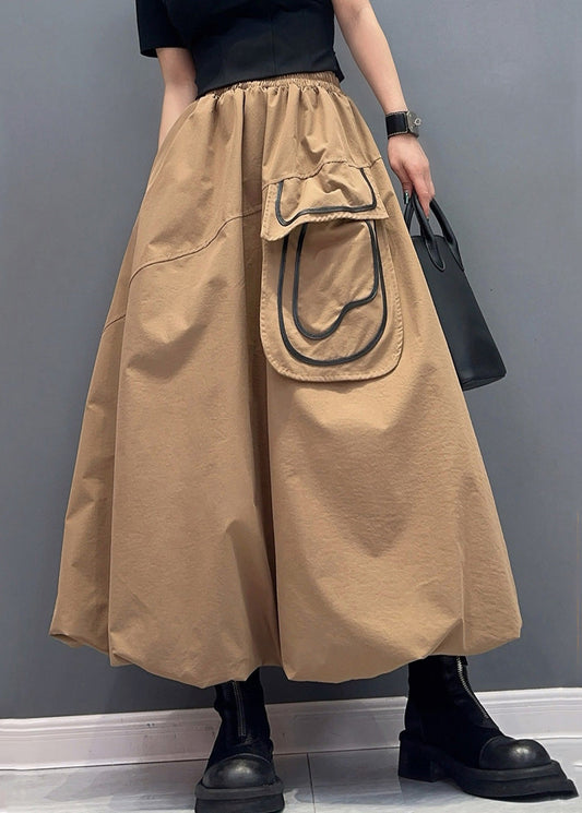 Casual Khaki Pockets Elastic Waist Cotton Skirts Summer AO1014