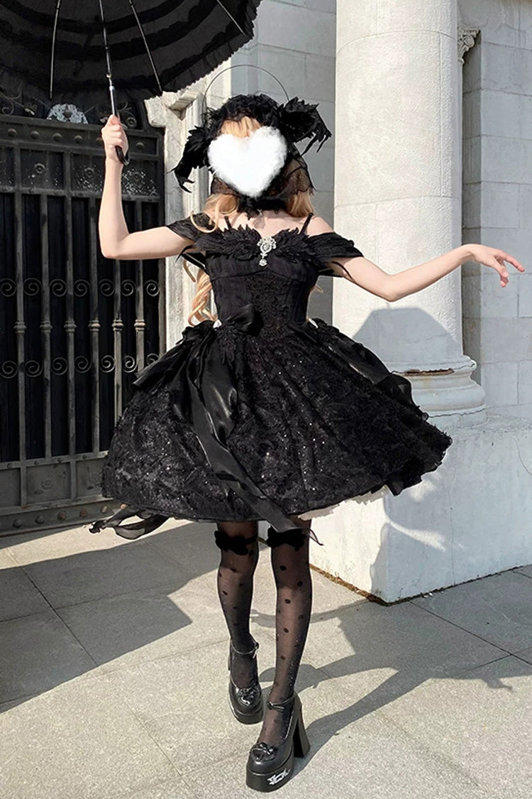 Embroidered Gothic JSK Dress with Square Collar and Flutter Sleeves in Black