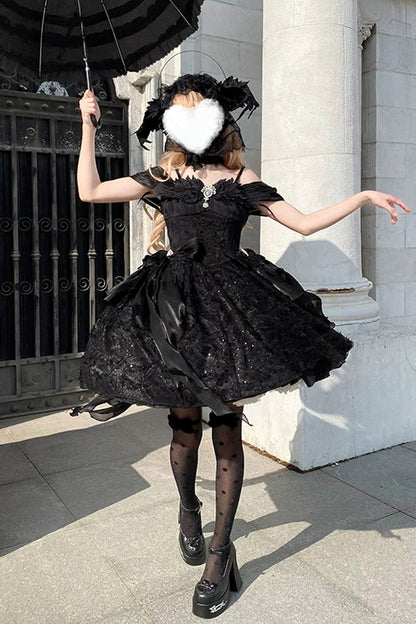 Embroidered Gothic JSK Dress with Square Collar and Flutter Sleeves in Black