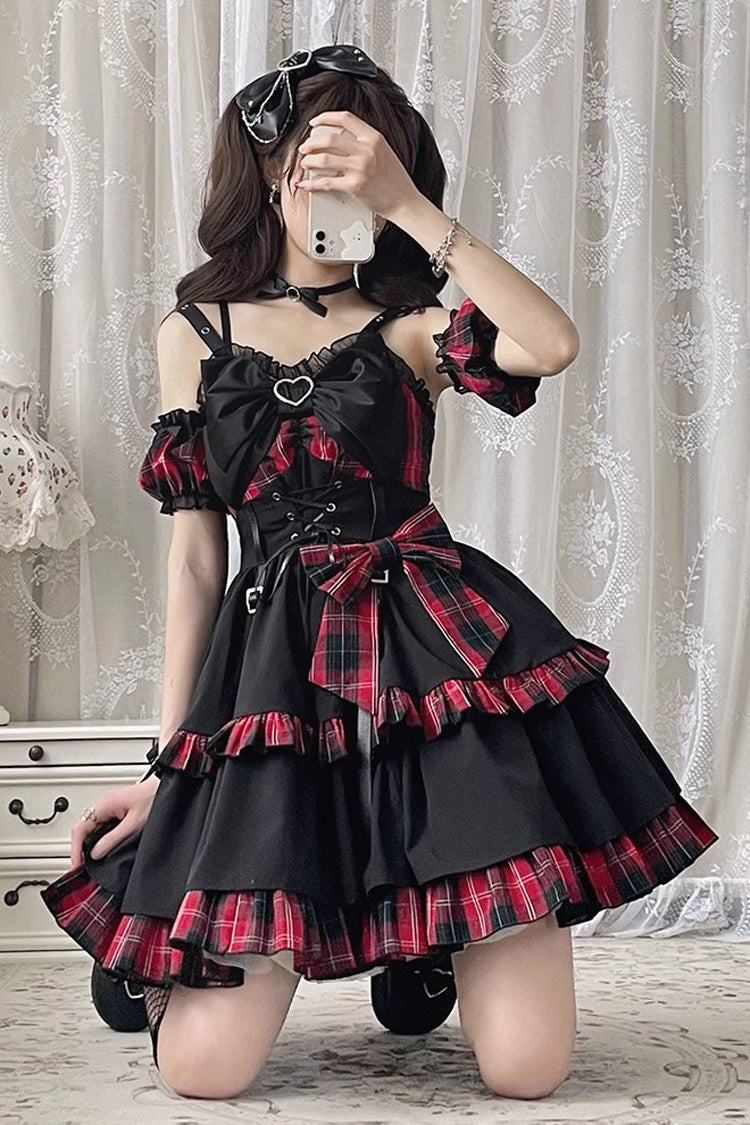 Crimson & Charcoal Tartan Contrast Leather Buckle Bow Ruffle Goth JSK