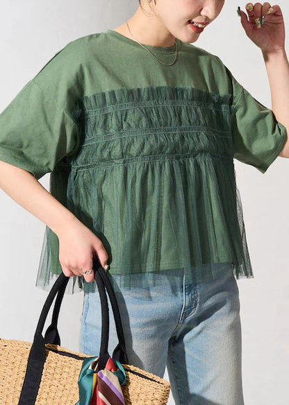 Fine Patchwork Green Tulle Oversized Tanks Summer