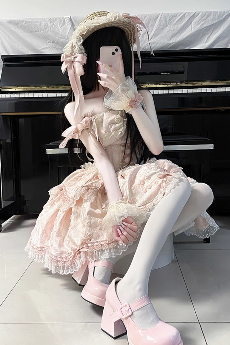 Blush Double-Layered Ruffle Embroidered Bow Lace Sweet JSK - Floral Overture