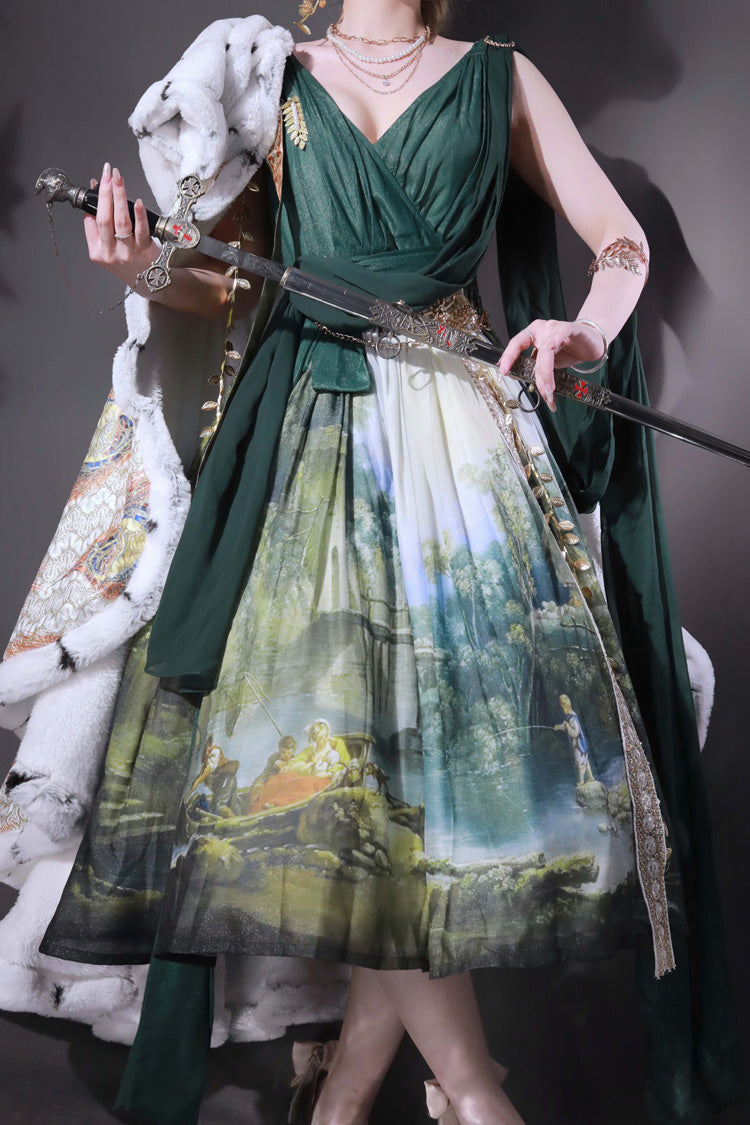 Emerald Grace Favor V-Neck Sleeveless Oil-Painting Printed JSK