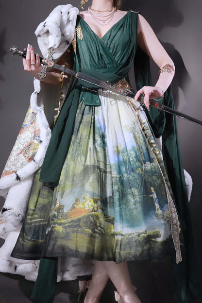 Emerald Grace Favor V-Neck Sleeveless Oil-Painting Printed JSK