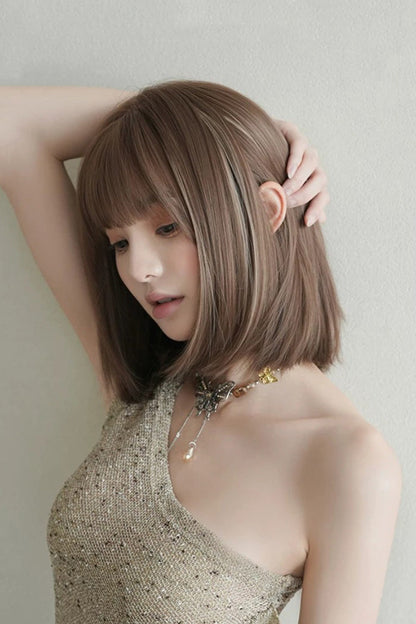 Fluffy Age-Reducing Clavicle Bob Lolita Wig with Highlights - Brown Beige