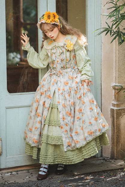 Emerald Sleeveless Sunflower Ruffle Bow Sweet Lolita Jumper Dress
