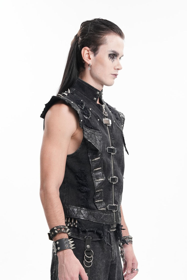 Men's Black Gothic Vest, Sleeveless with Rivets and Chain Rings