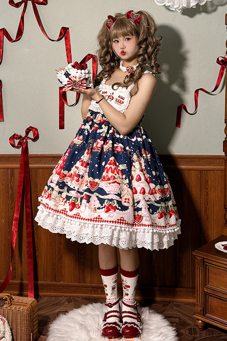 High Waisted Ruffle Bowknot Sweet Lolita JSK Dress with Strawberry Dessert Print - 4 Colors