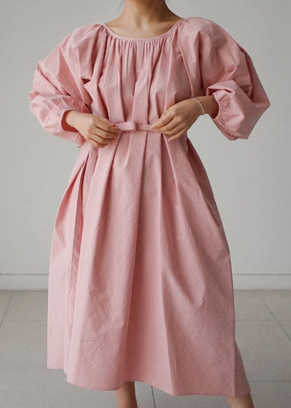 Dress wrinkled O-Neck Pink Maxi Quarter Three Cotton sleeve