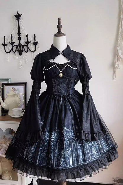 Nocturnal Church Print Ruffle JSK Gothic Dress
