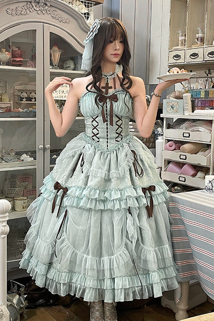 Mint Halterneck Cross Bow Lace-Up Ruffled Lolita Gown