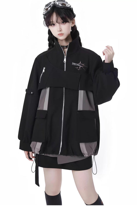 Ebony Techwear Paneled Zip Skirt & Jacket Set - Holographic Cruise