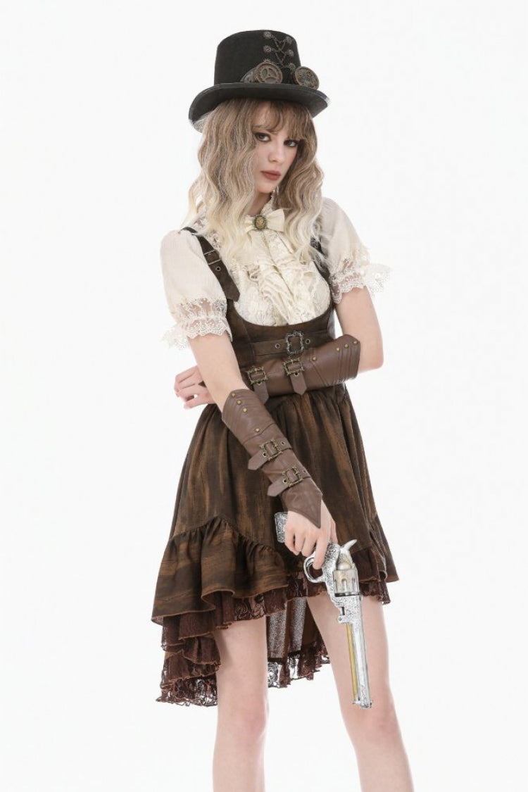 Gothic Women's Blouse with Puff Sleeves, Sheer Lace-Up & Detachable Bow