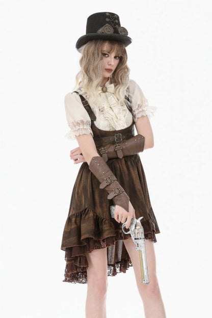 Gothic Women's Blouse with Puff Sleeves, Sheer Lace-Up & Detachable Bow