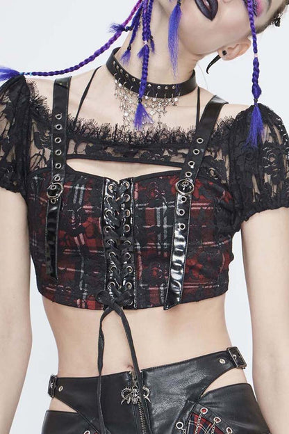 Crimson & Obsidian Scottish Plaid Off Shoulder Bright Leather Straps Lace Up Lace Punk T-Shirt