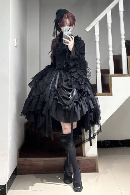 Gothic Lolita Skirt Dress Set with Long Hime Sleeves and Bow in Black