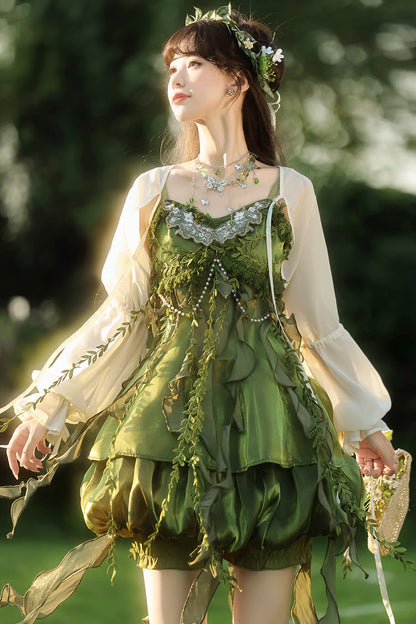 Emerald Leaf Decoration Ruffle Asymmetric Sweet Lolita Jumper Dress Set