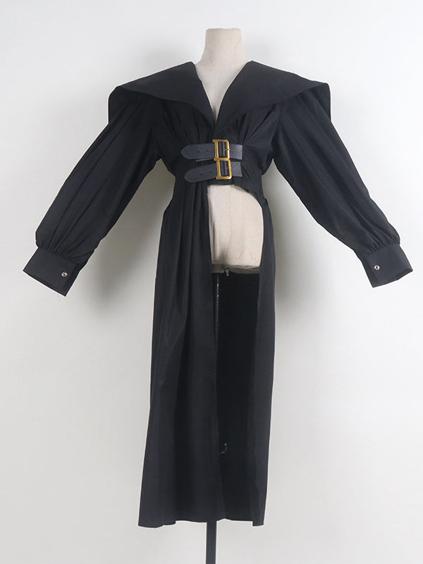 Pleated Black Asymmetric Lapel Waisted Long High Modern Belted