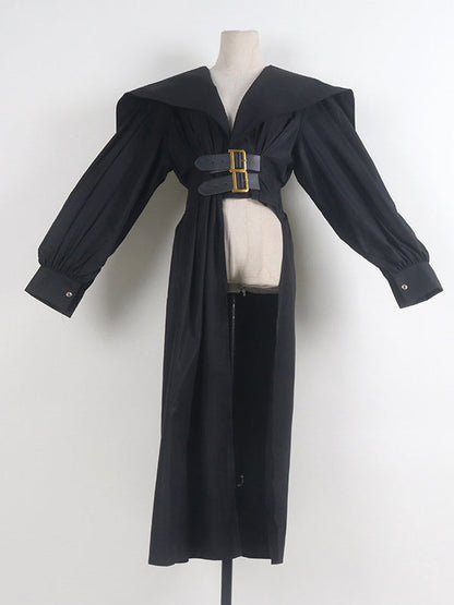 Pleated Black Asymmetric Lapel Waisted Long High Modern Belted
