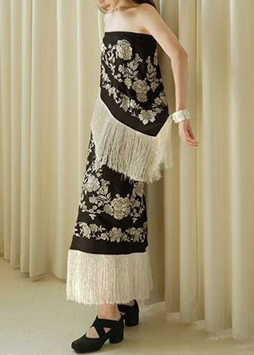 Black High Sleeveless Tasseled Patchwork Waist Novelty Dresses