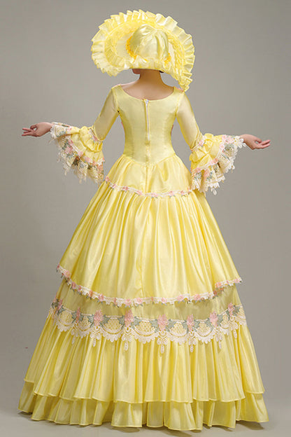 Princess Sleeve High Waist Lace Hollow Floral Ruffled Victorian Tiered Dress