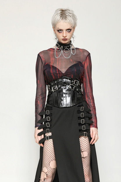 Crimson & Obsidian Round Collar Long Sleeves Sheer Mesh Tie-Dyed Versatile Basic Top