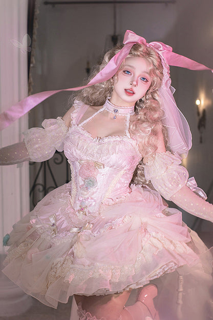 Blush Ruffled Embroidered Bow Lace Fishbone Princess JSK