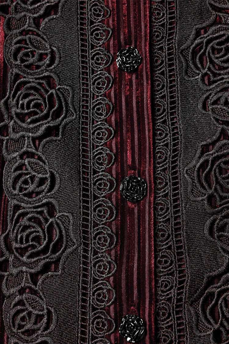 Crimson High-Neck Gothic Floral Lace-Up Blouse with Puffed Sleeves