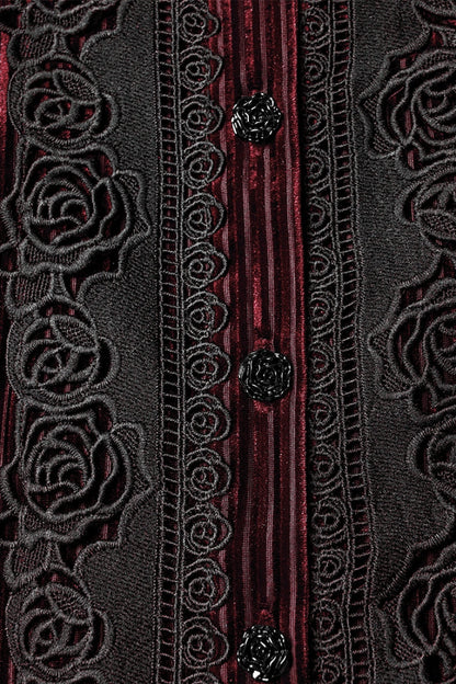 Crimson High-Neck Gothic Floral Lace-Up Blouse with Puffed Sleeves