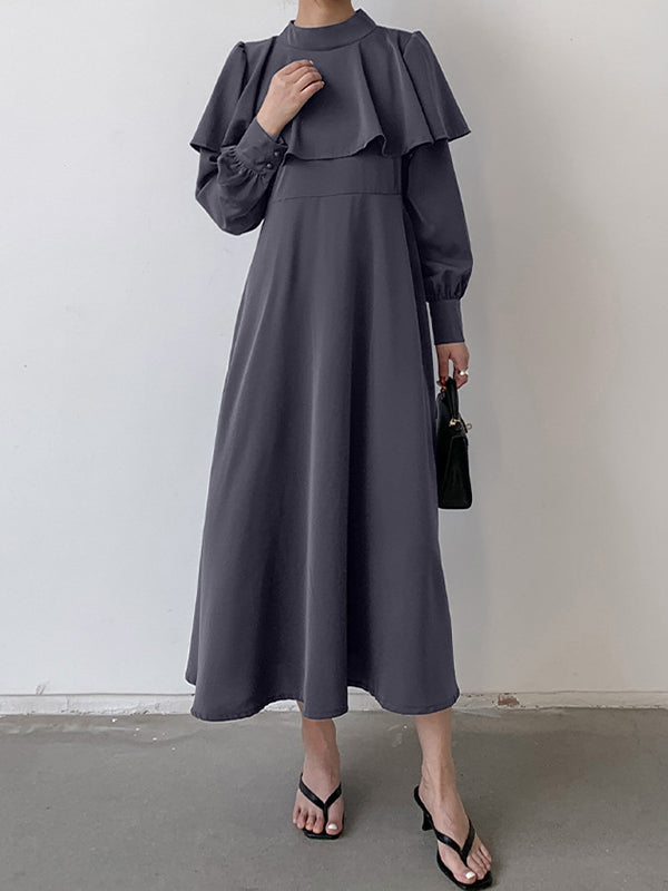 Ruffle Waist Long Mock Tied A-Line Elegant Trim Neck Coffee