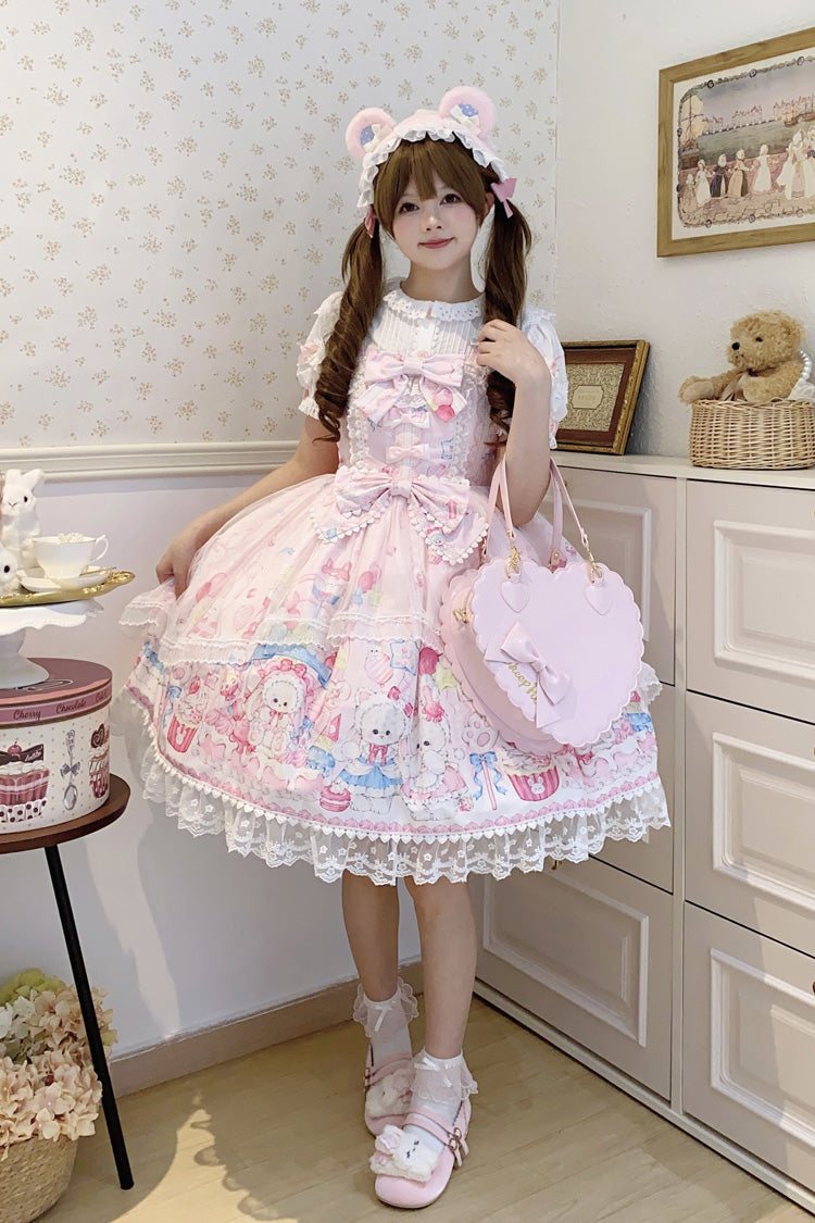 Blush Printed Bow Lace Sweet JSK with Rabbit Cake