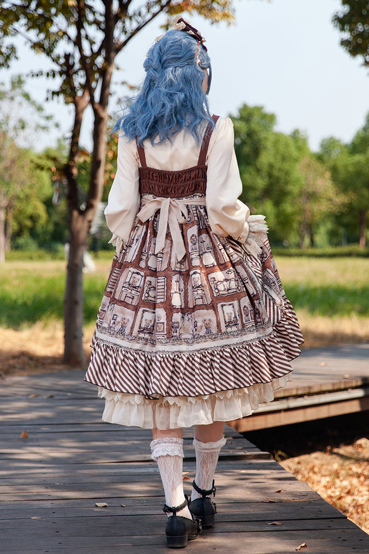 Underground Bear Print Ruffle Bow Sweet Lolita Dress - Brown