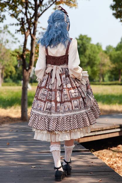 Underground Bear Print Ruffle Bow Sweet Lolita Dress - Brown