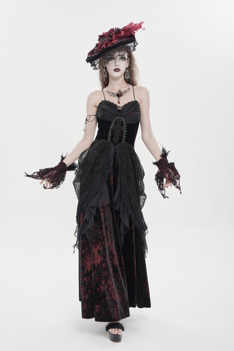 Crimson & Obsidian Sleeveless Multi-Layered Hanayome Lace Lace-Up Gothic Wedding Dress Printed Tassels Slip Dress
