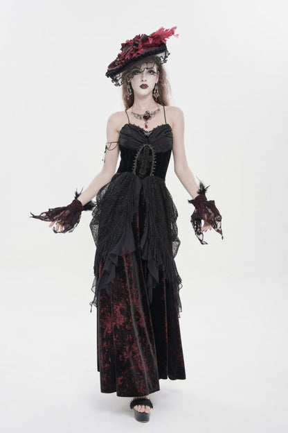 Crimson & Obsidian Sleeveless Multi-Layered Hanayome Lace Lace-Up Gothic Wedding Dress Printed Tassels Slip Dress