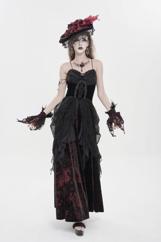 Crimson & Obsidian Sleeveless Multi-Layered Hanayome Lace Lace-Up Gothic Wedding Dress Printed Tassels Slip Dress
