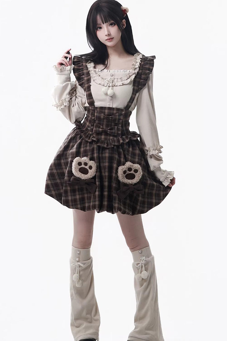 Fluffy Bear Plaid Ruffle Bow Sweet Lolita Strap Dress
